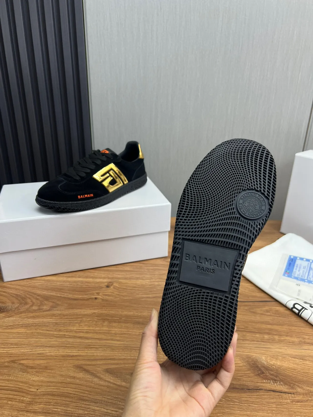 Balmain Black Gold Suede Upper Monogram Logo Lifestyle Sneakers