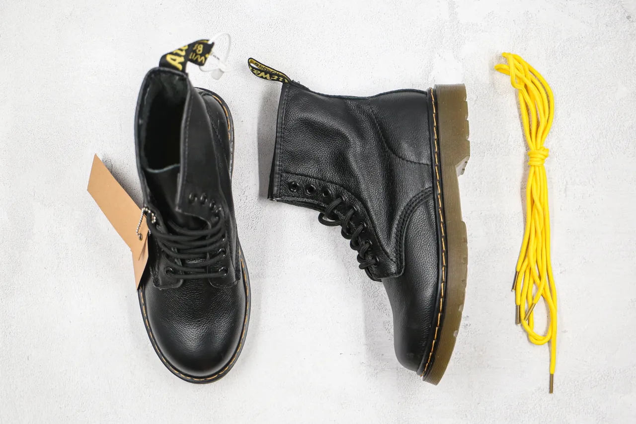 Dr. Martens 1460 Black Smooth Leather Yellow Welt Martin Boots