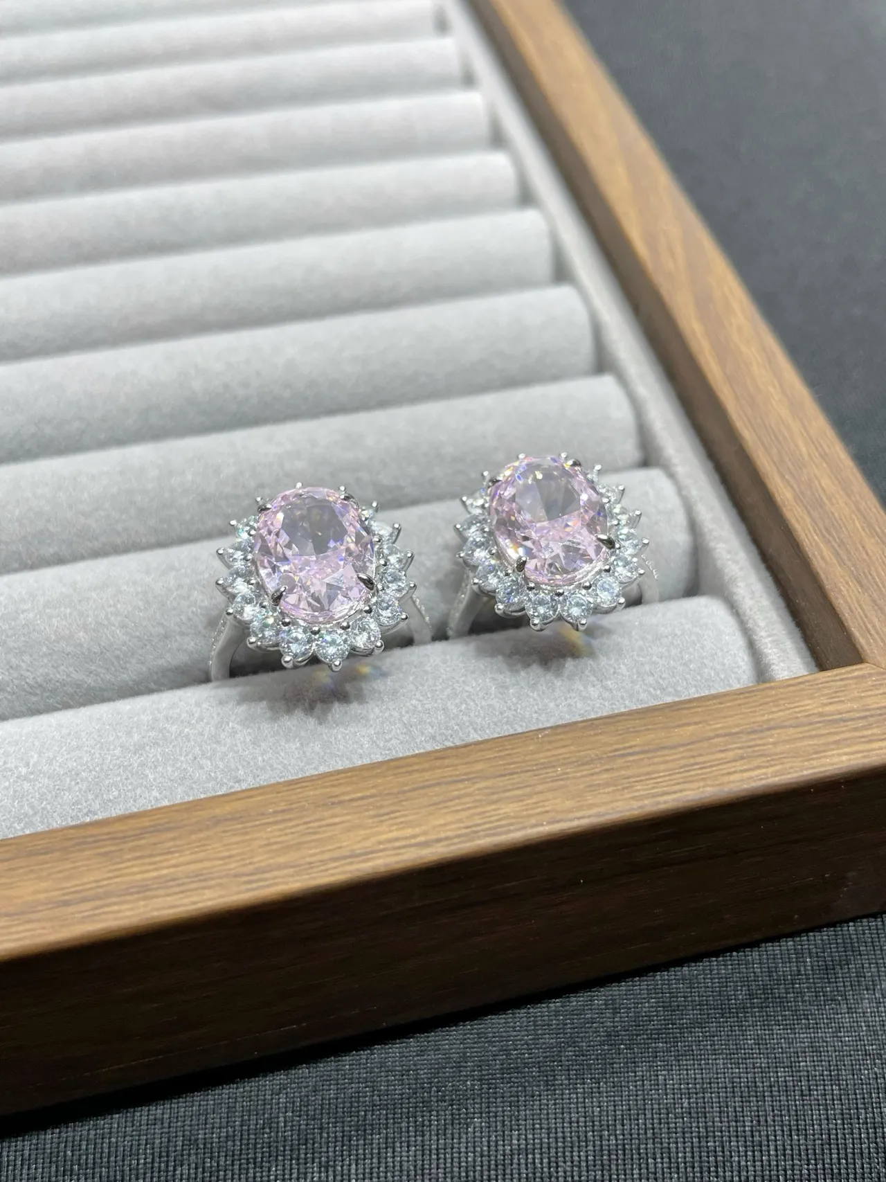 Oval Pink Halo Cluster Stud Earrings