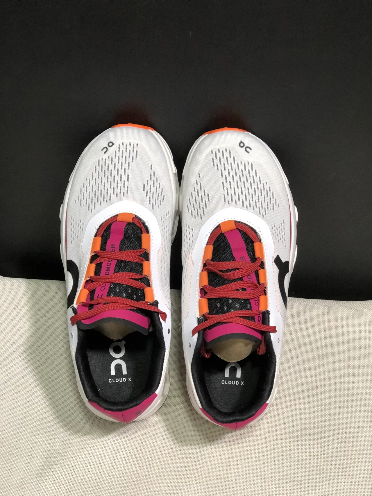 On Cloudmonster White Pink Orange Running Shoes