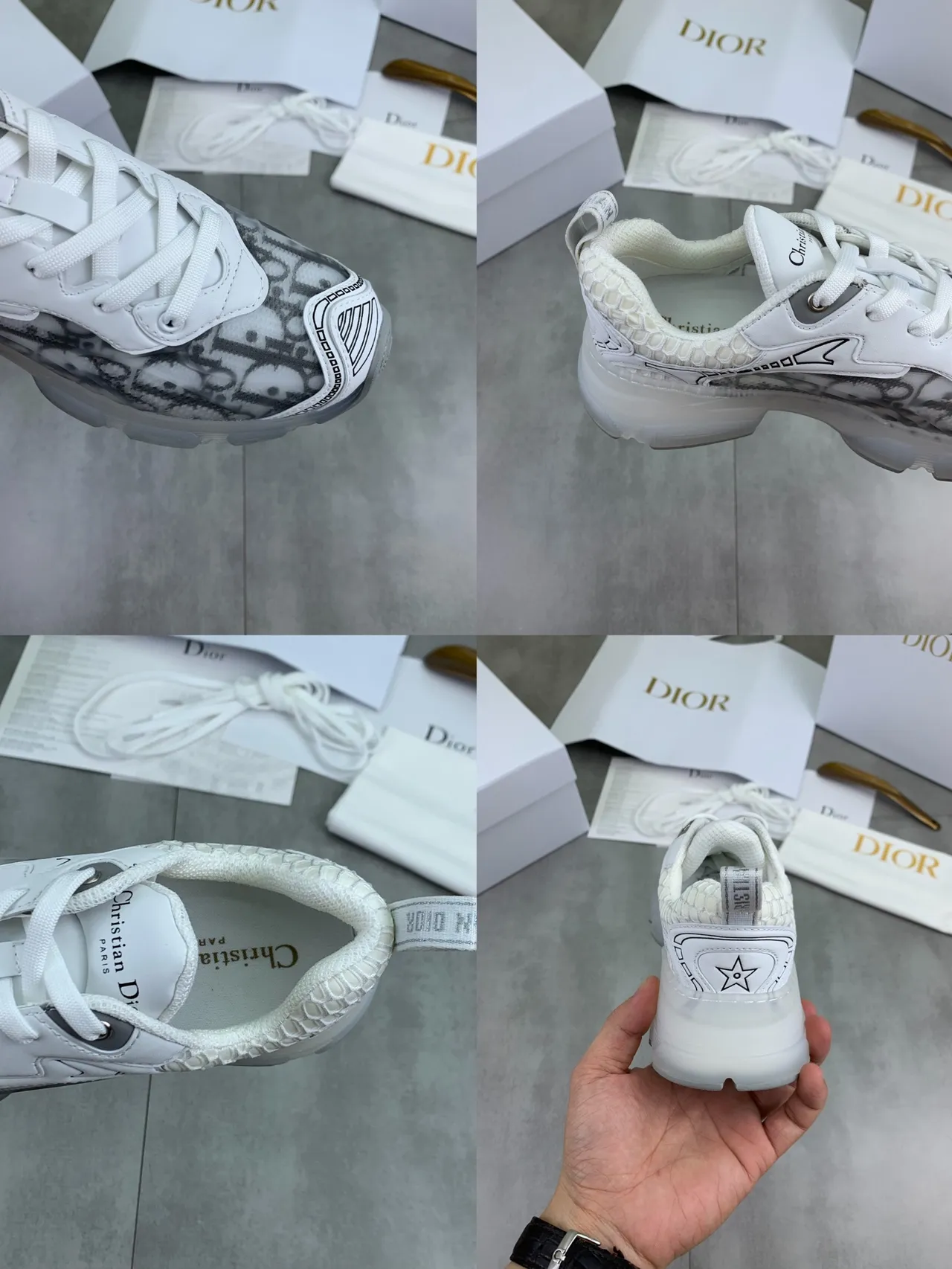 Dior White Gray Monogram-Print Overlay Translucent Midsole Window Chunky Sneakers