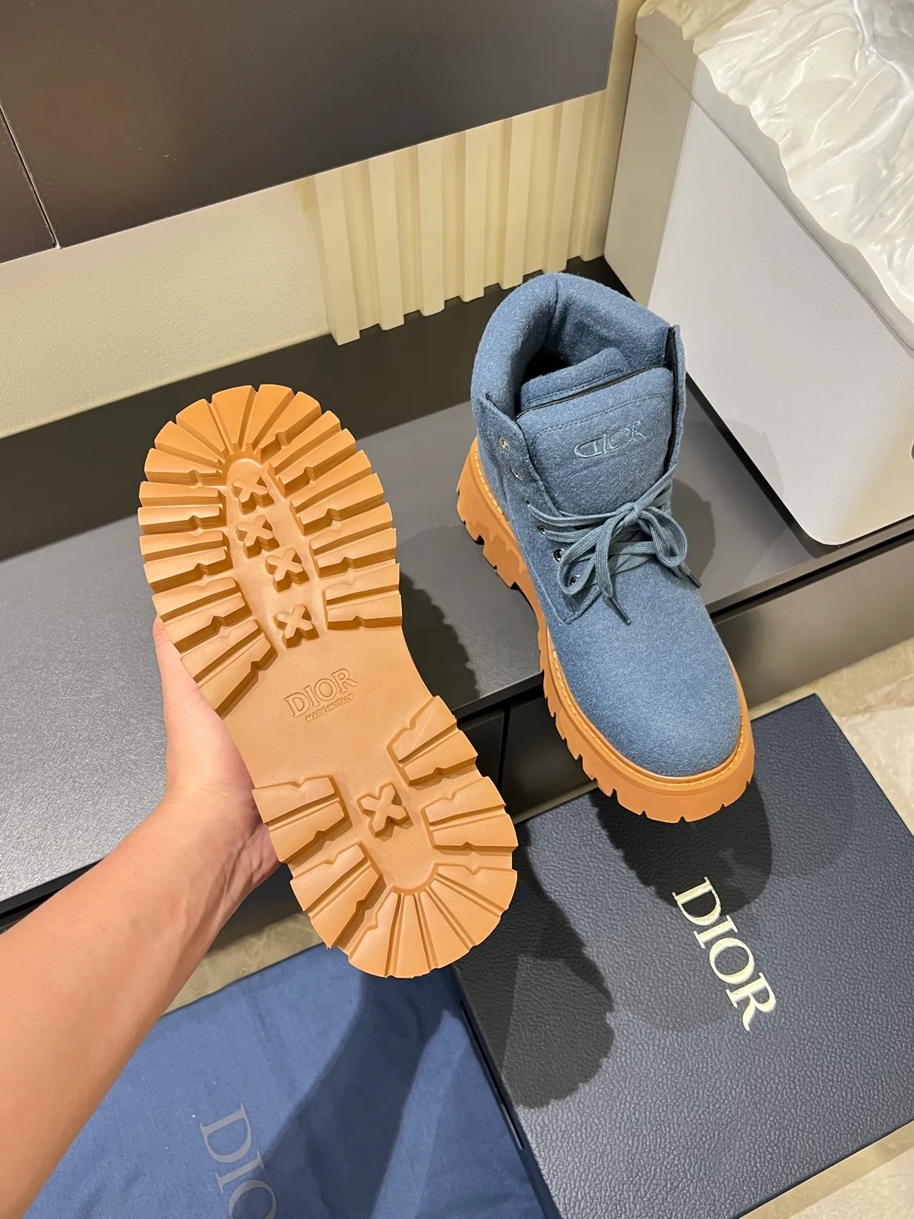 Blue Beige Felt Upper Chunky Lug Sole Ankle Boots