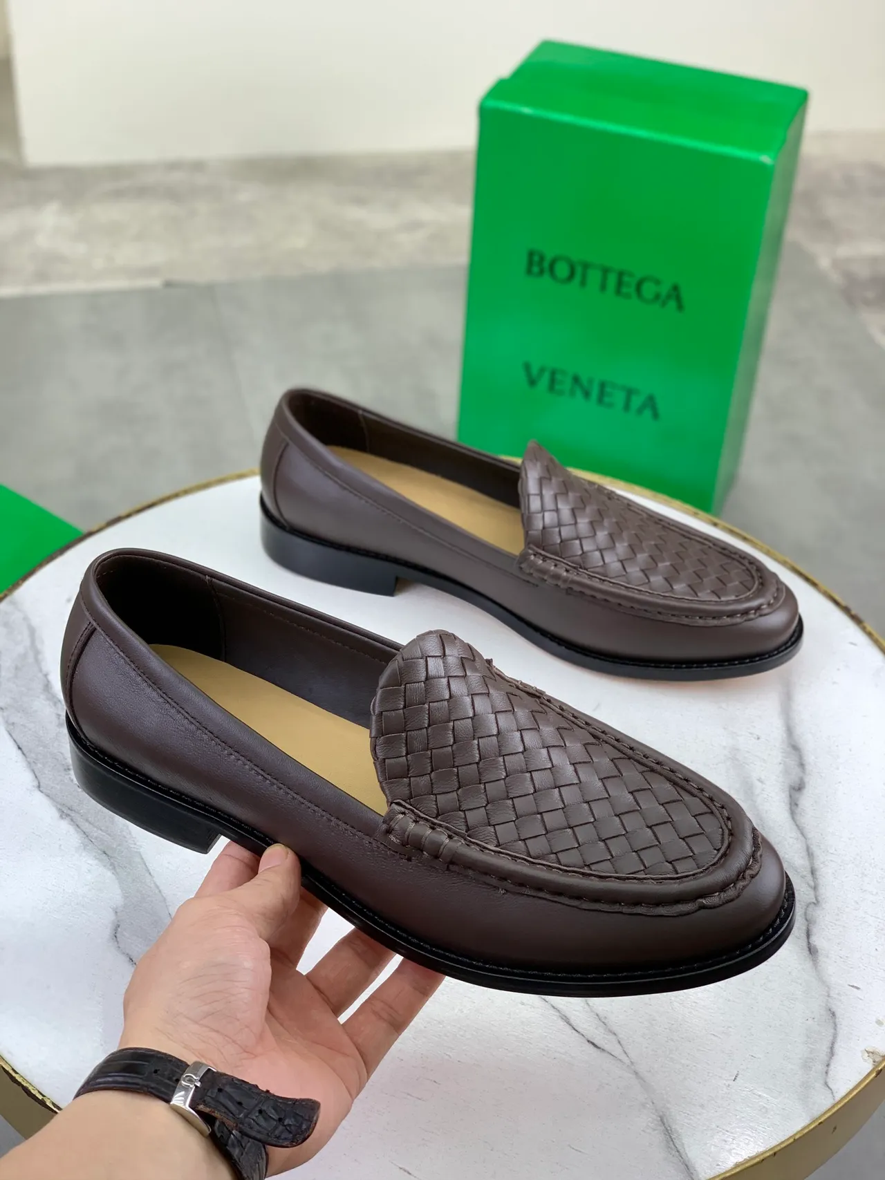 Bottega Veneta Brown Black Woven Leather Vamp Slip-On Construction Loafer