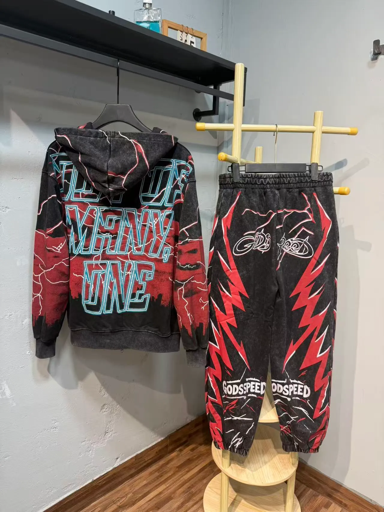 Godspeed Black Red Graphic-Print Acid-Wash Tracksuit
