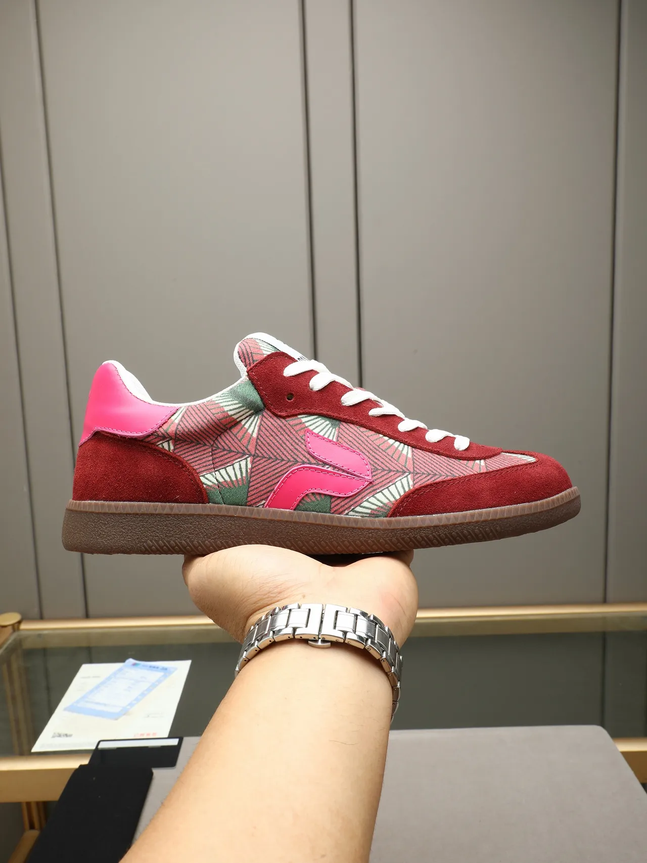 Red and Pink Geometric-Print Suede Lifestyle Sneaker