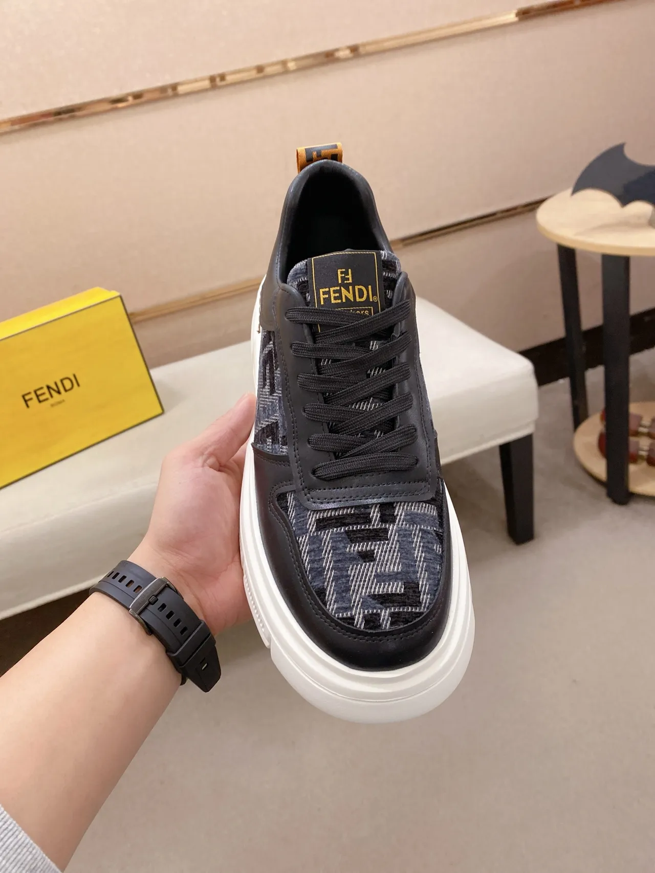 Fendi Black White Platform Sole Monogrammed Textile Panels Chunky Sneakers