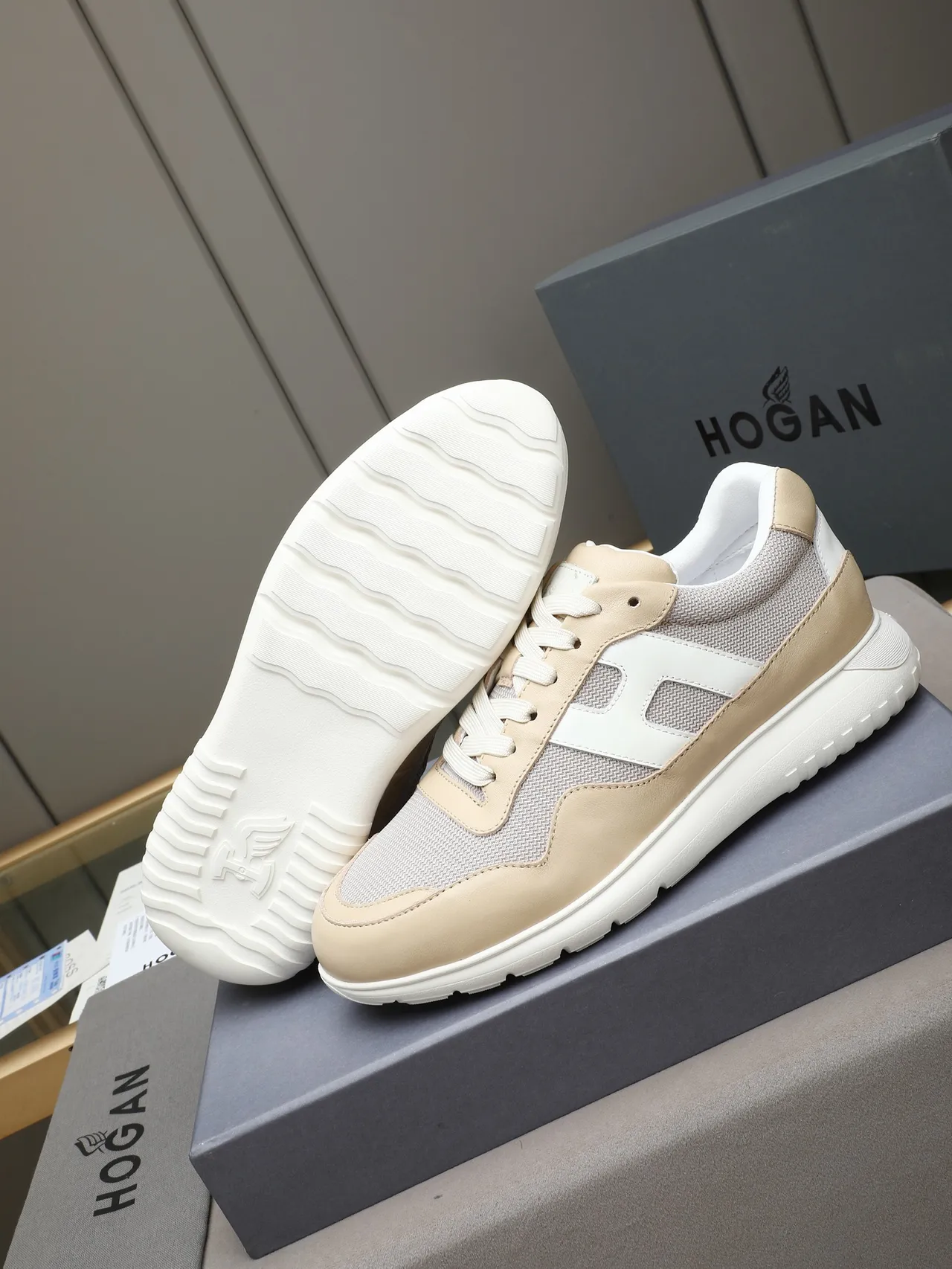 Hogan H-Logo Beige and Gray Lifestyle Sneakers