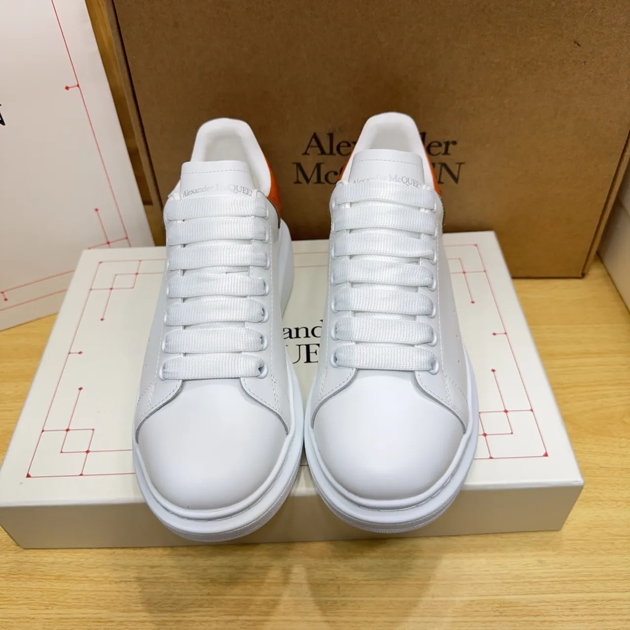 Alexander McQueen Oversized Sneaker White Orange Platform Sole Perforated Side Panel Chunky Sneakers