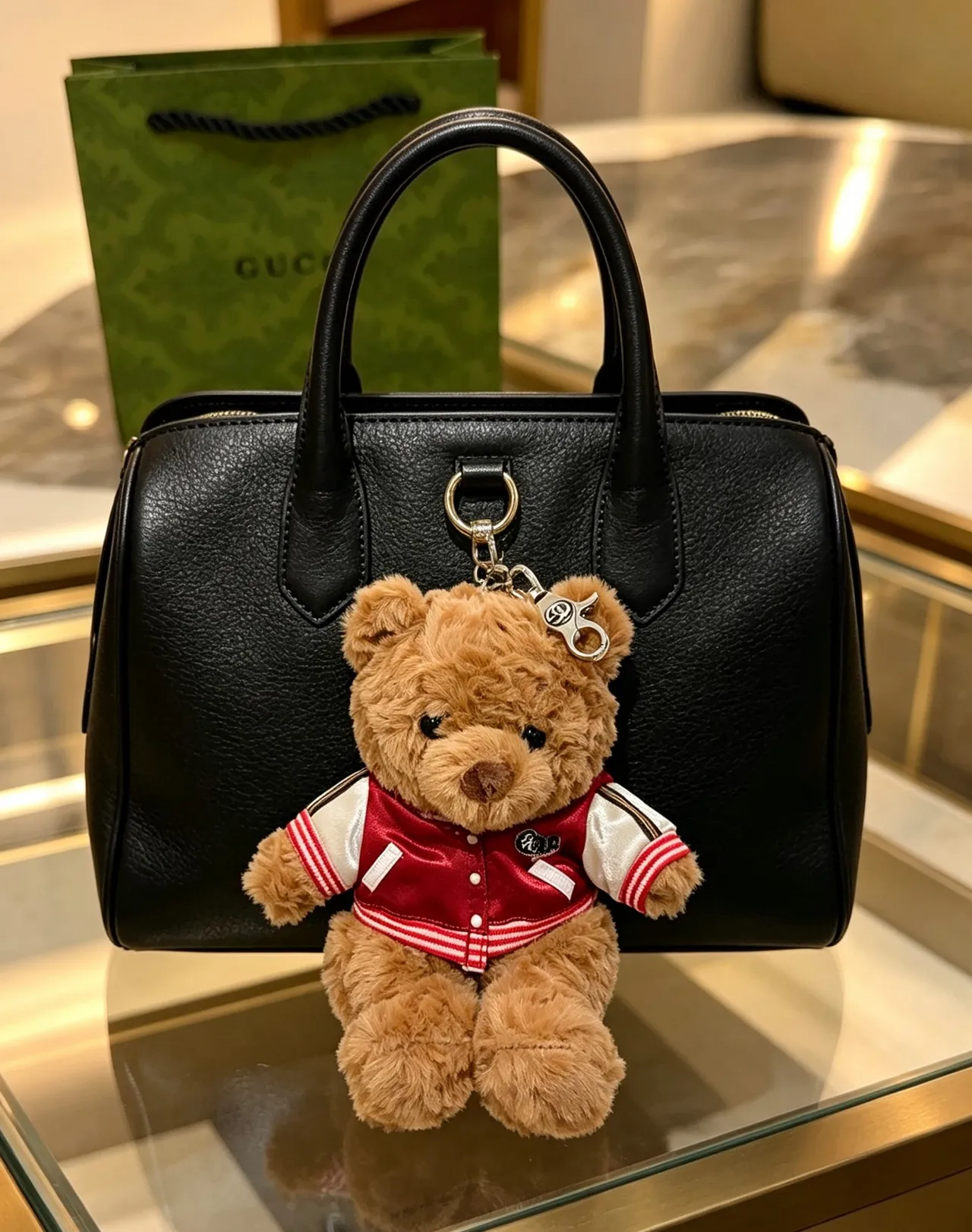 Gucci Brown Red Plush Teddy Bear Varsity Jacket Handbag