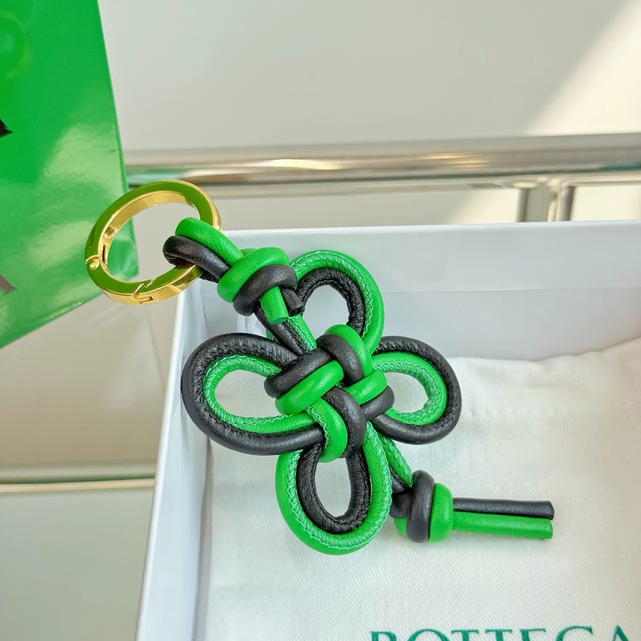 Bottega Veneta Knot Leather Keychain Green and Black Bracelet