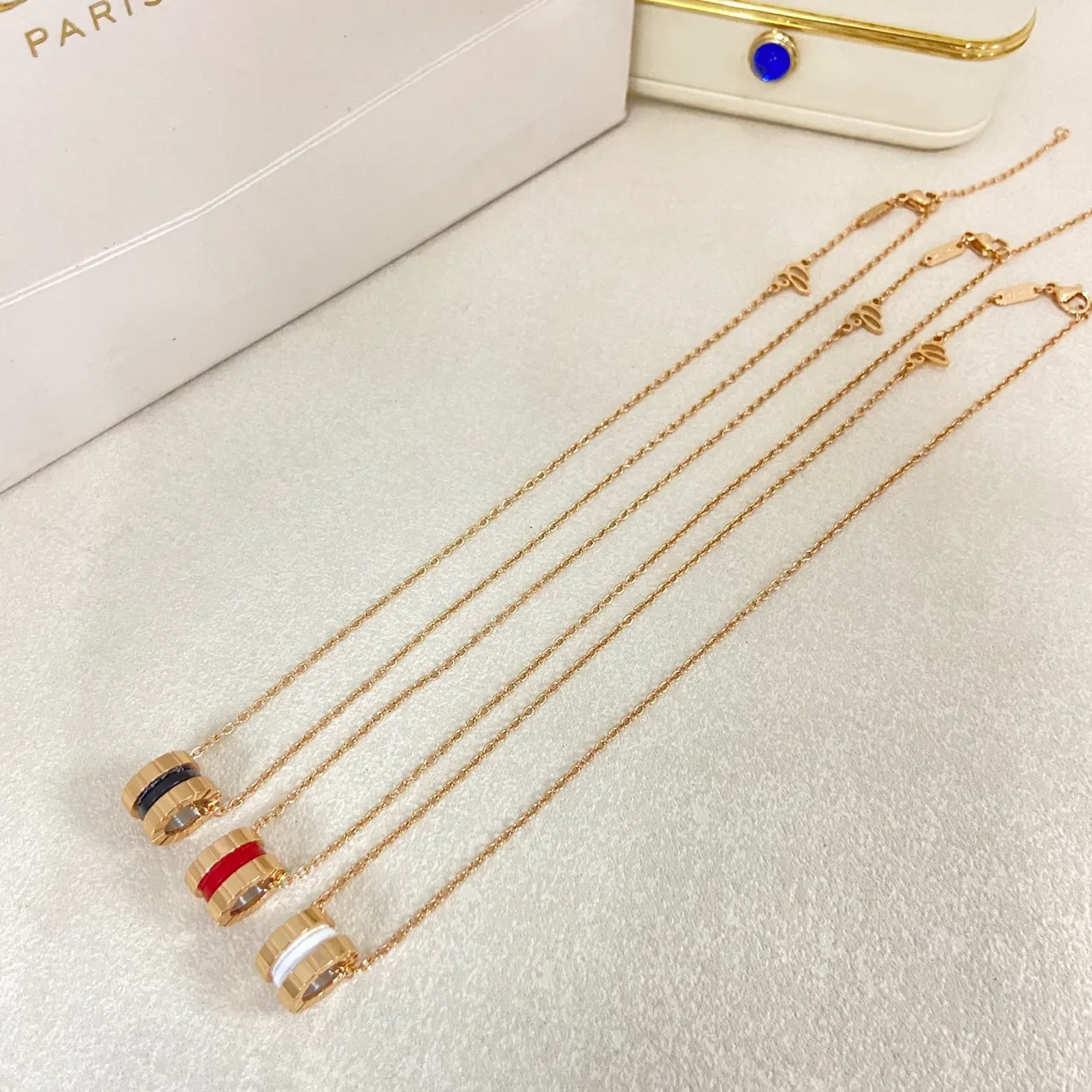 Gold Multicolor Barrel-Shaped Pendant Enamel Color Band Detail Necklace