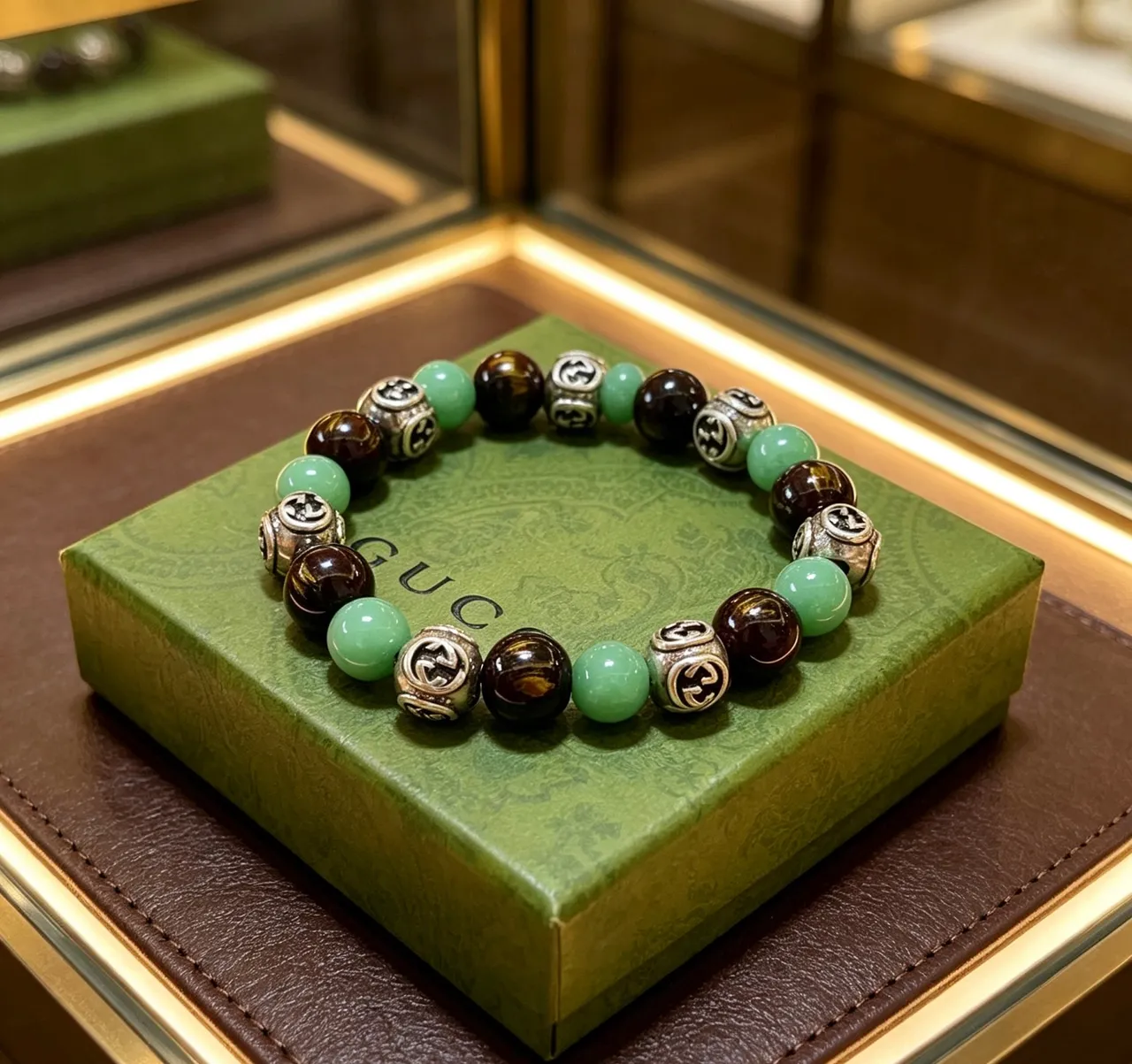 Gucci Green Brown Beaded Spherical Stone Beads Bracelet