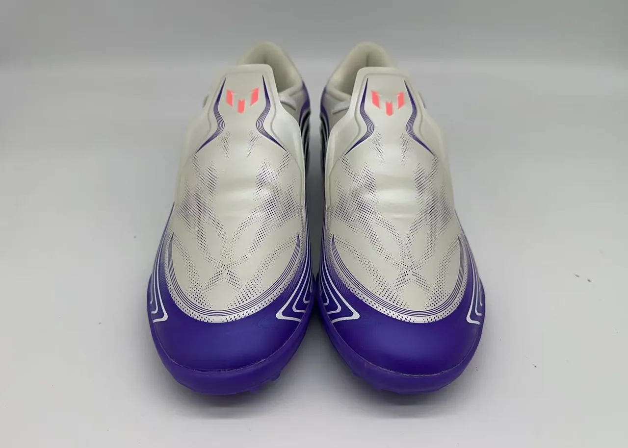 Adidas White Purple Laceless Slip-On Perforated Synthetic Upper Turf Soccer Shoes