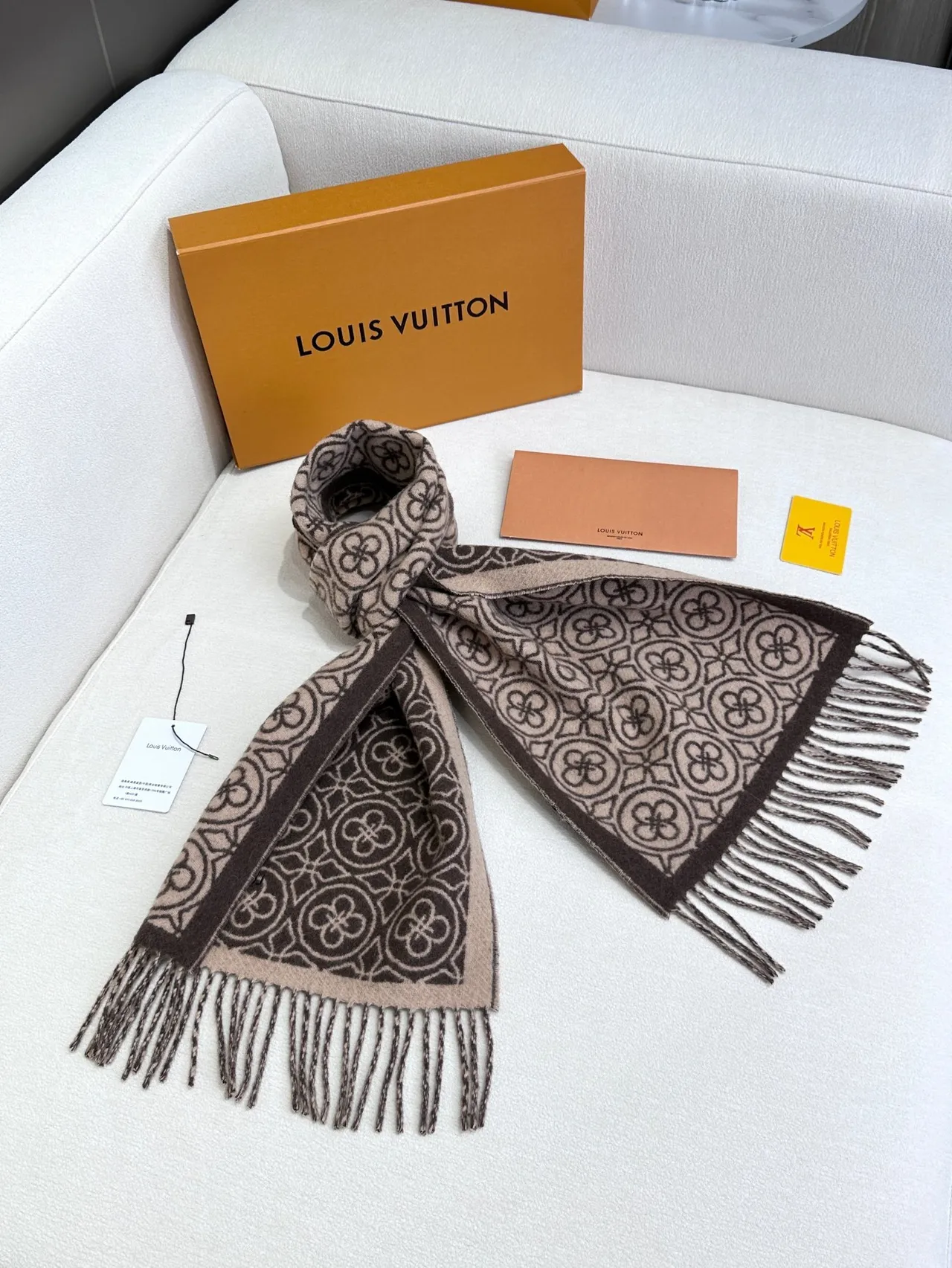 Louis Vuitton Geometric Monogram Jacquard Beige and Brown Cashmere Scarf