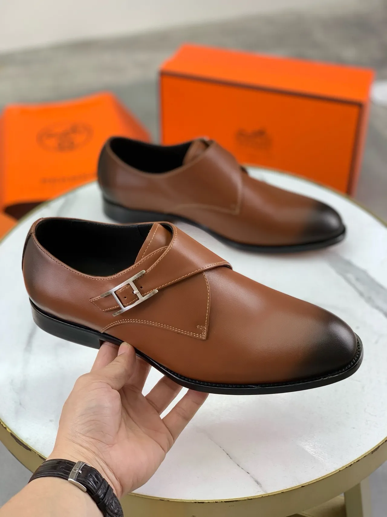 Hermès Brown Black Single-Strap Polished H-Buckle Monk Shoes