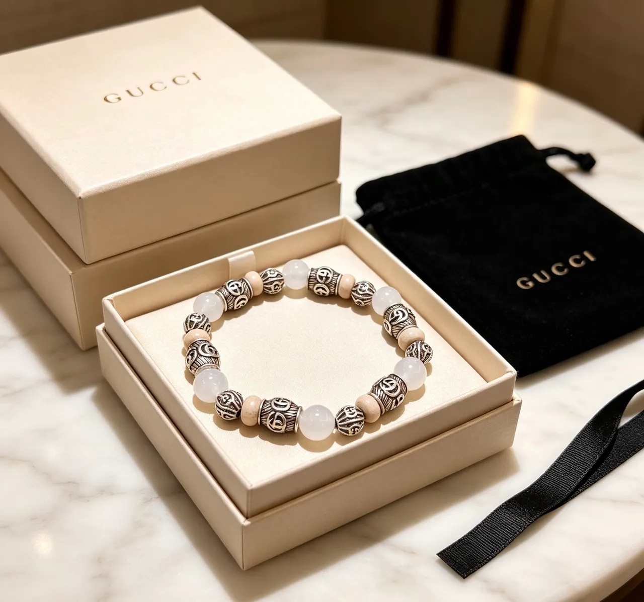 Gucci Beige Silver Beaded Ornate Metalwork Bracelet