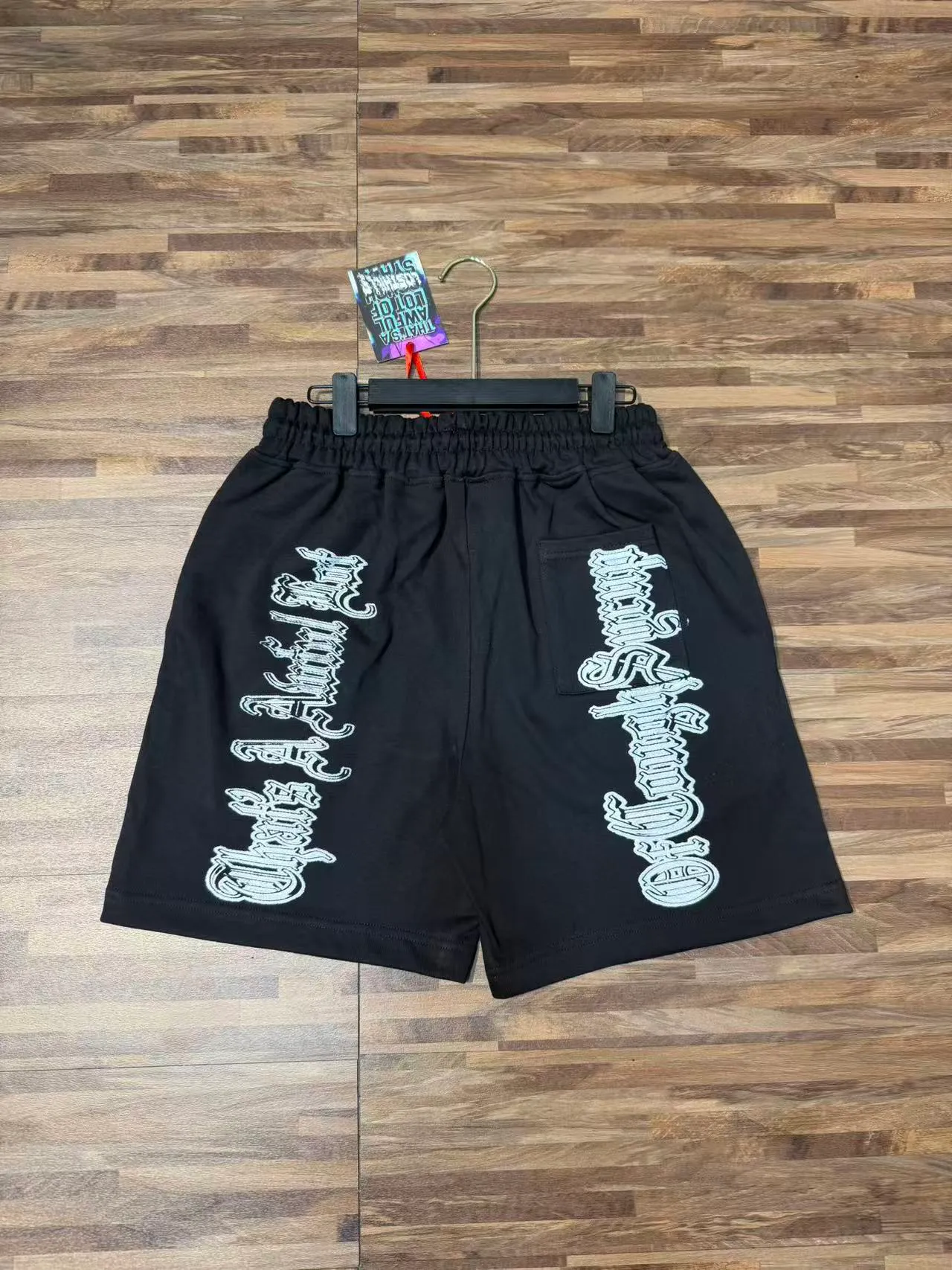 Black Gothic Typography Print Elastic Waist Shorts