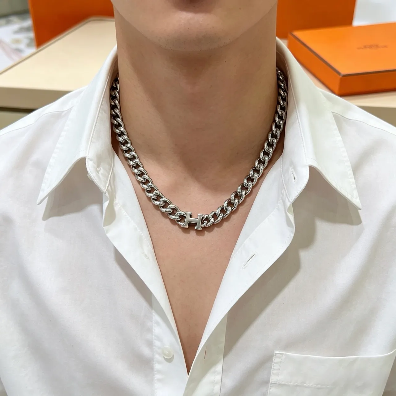 Hermès Collier H Silver Curb-Link Necklace