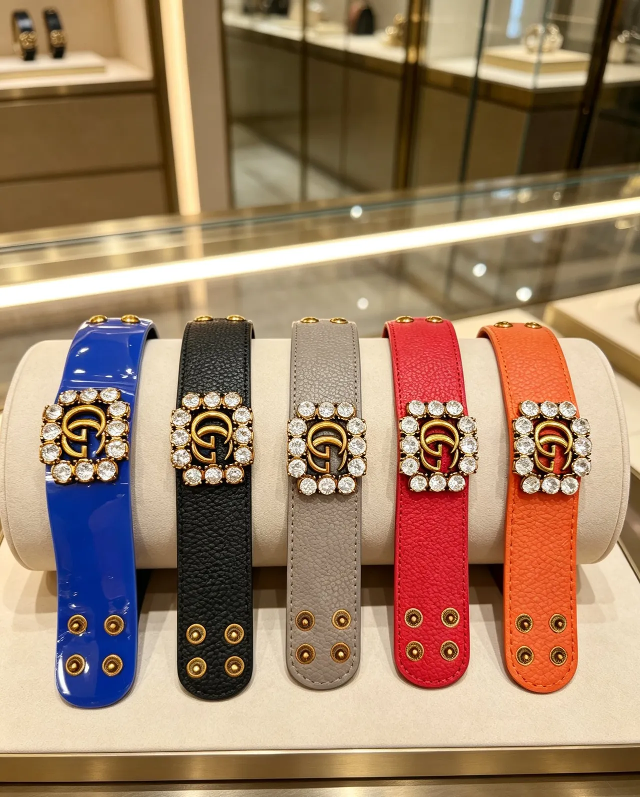 Gucci GG Marmont Crystal-Embellished Leather Belt