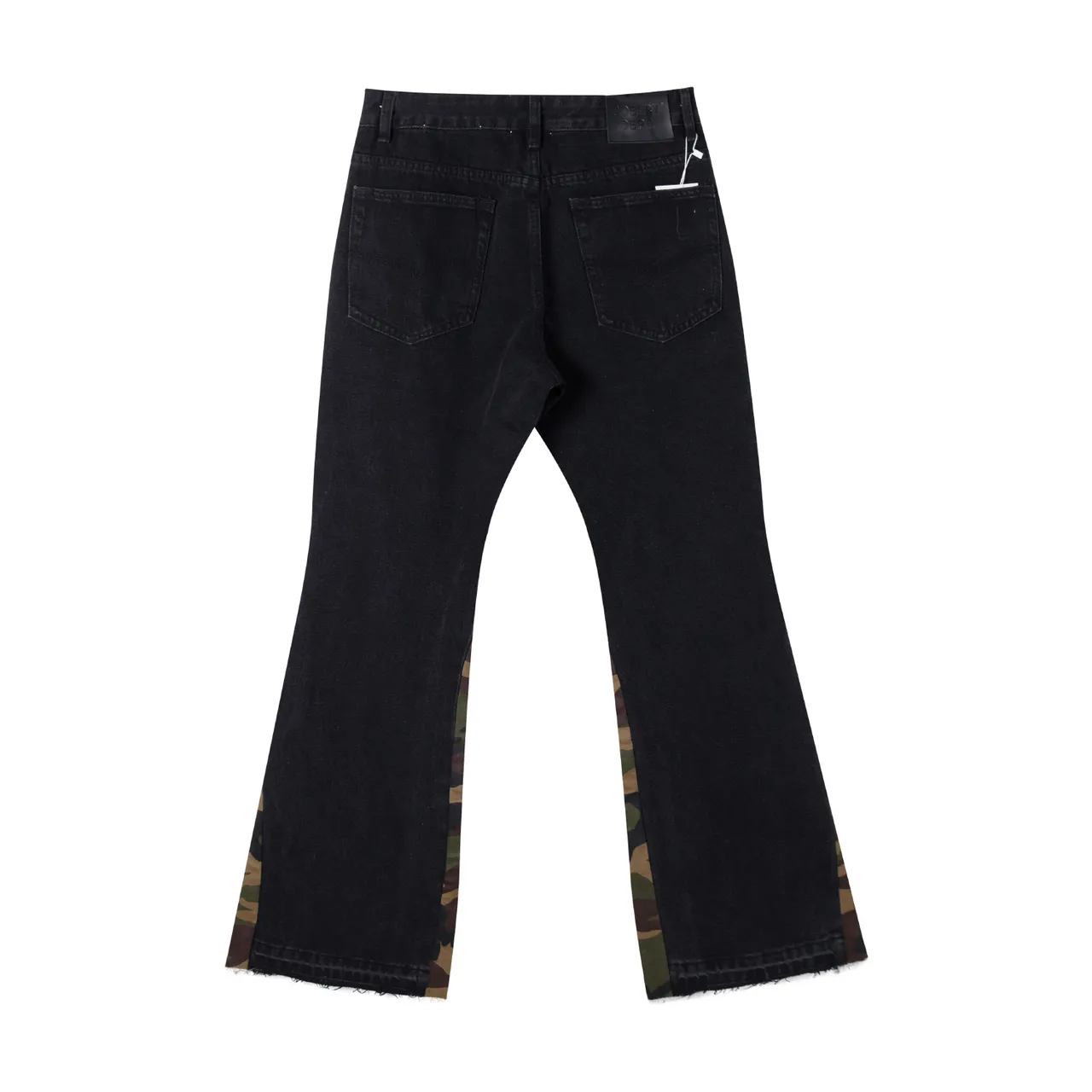 Black Army Green Flared-Leg Camouflage-Paneled Jeans