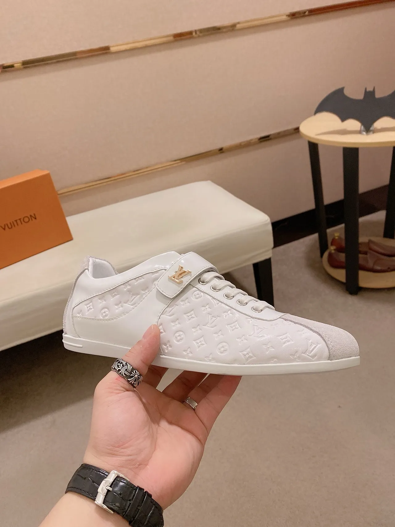 Louis Vuitton LV Trainer White Gold Monogram-Embossed Leather Suede Toe Cap Lifestyle Sneakers