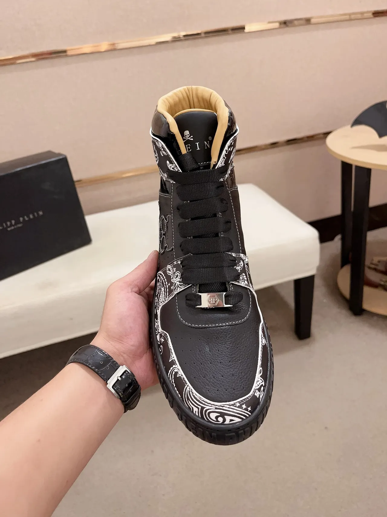 Philipp Plein Black White High-Top Bandana-Print Leather Sneakers