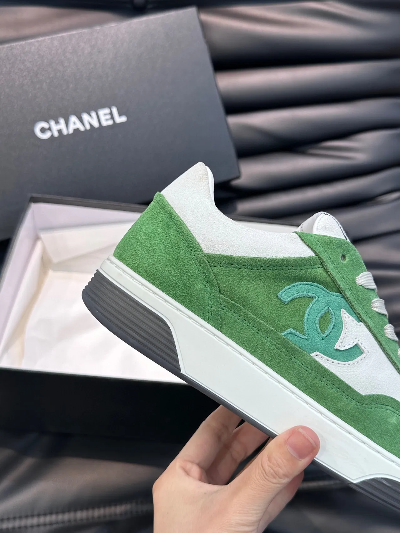 Chanel Lifestyle Sneaker Green White Low-Top Suede-and-Leather Panelled Lifestyle Sneakers