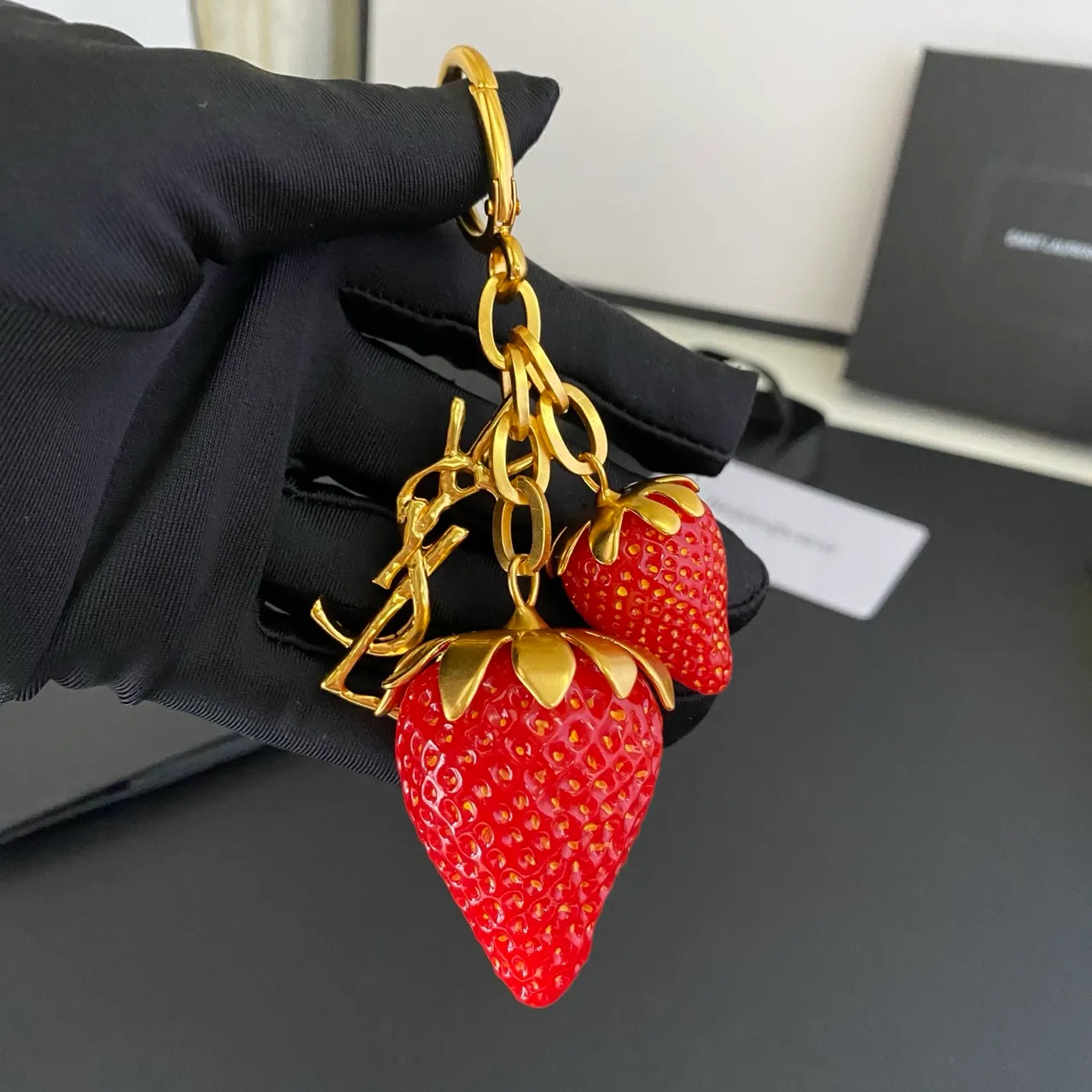 Saint Laurent Strawberry Keychain Red Gold Resin Charms Metal YSL Monogram Bracelet