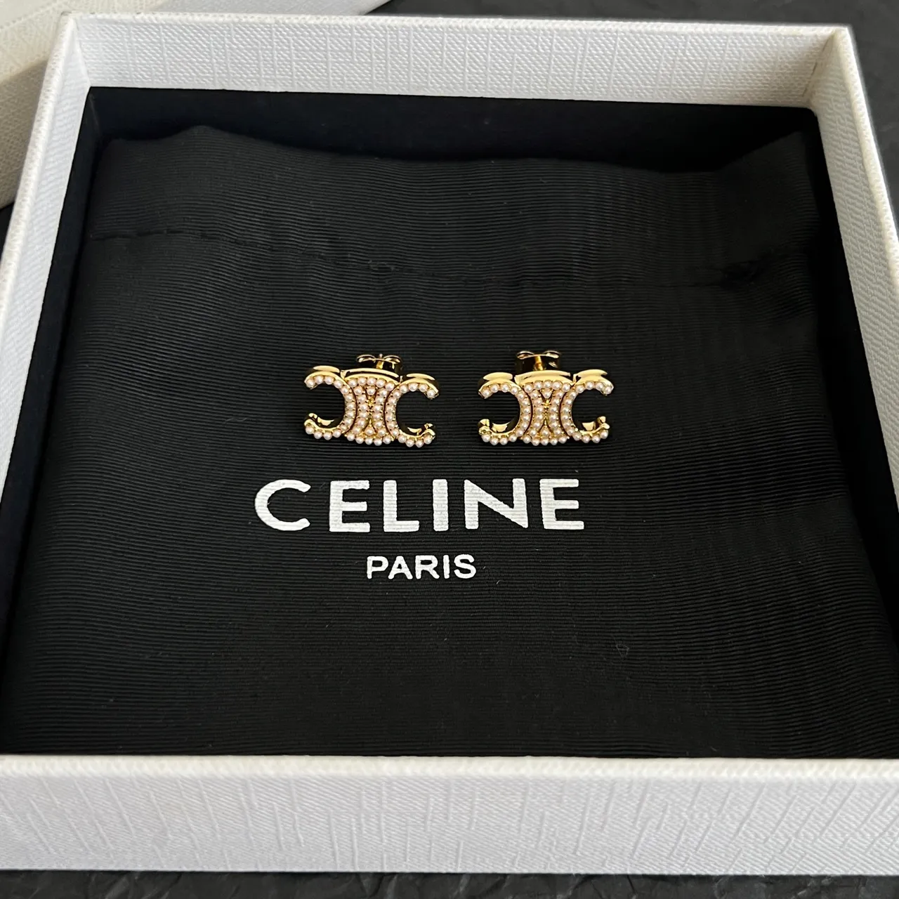 Celine Triomphe Pearl-Embellished Double C Stud Earrings