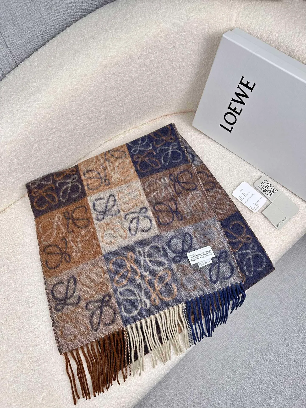 Loewe Monogram Jacquard Navy and Beige Cashmere Scarf