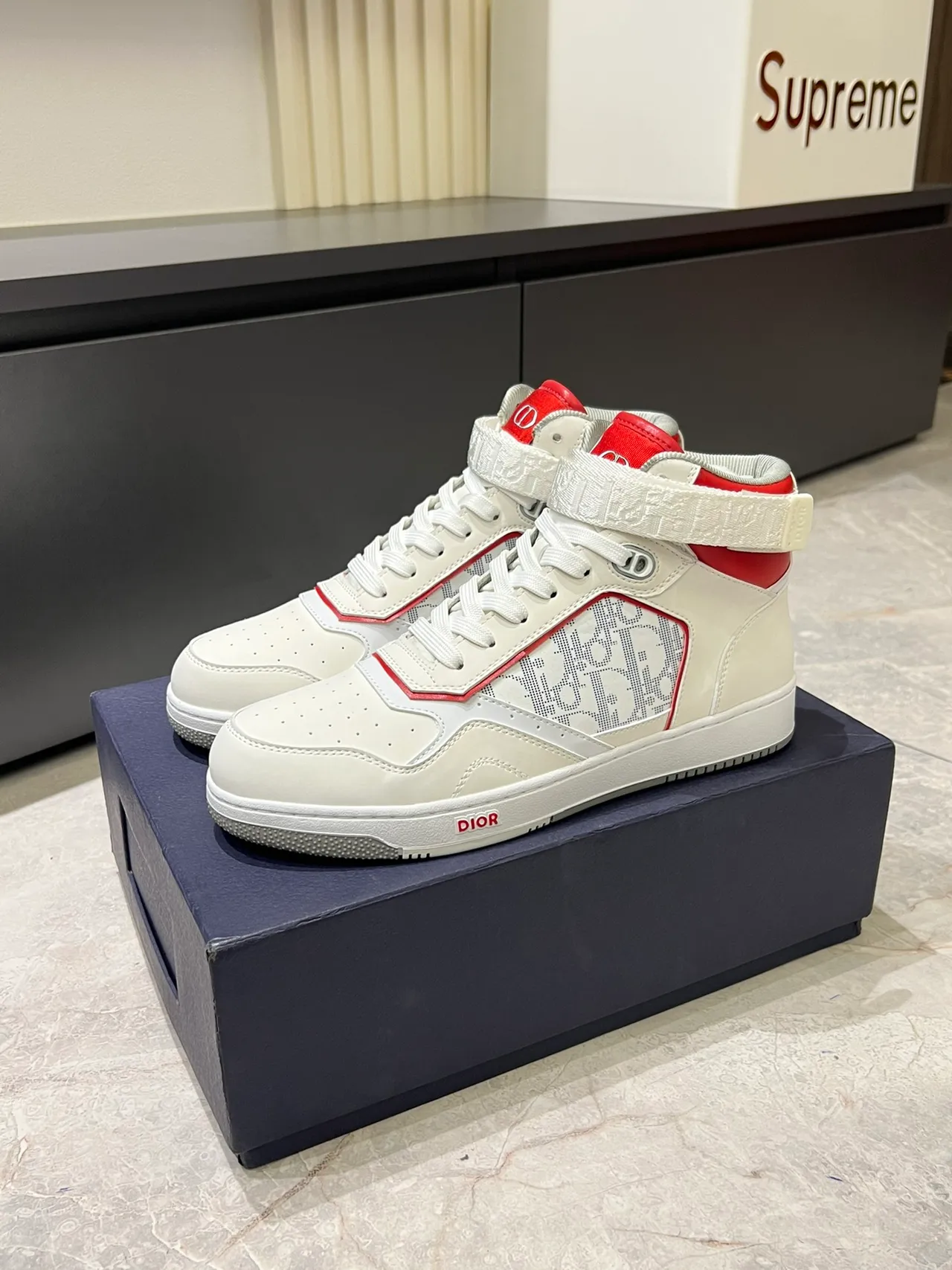 Dior B23 White and Red Monogram High-Top Lifestyle Sneakers