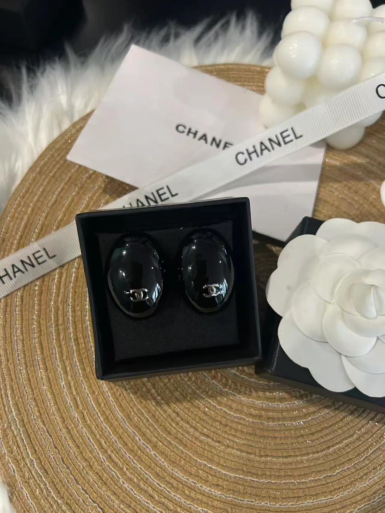 Chanel Enamel Oval CC Logo Stud Earrings
