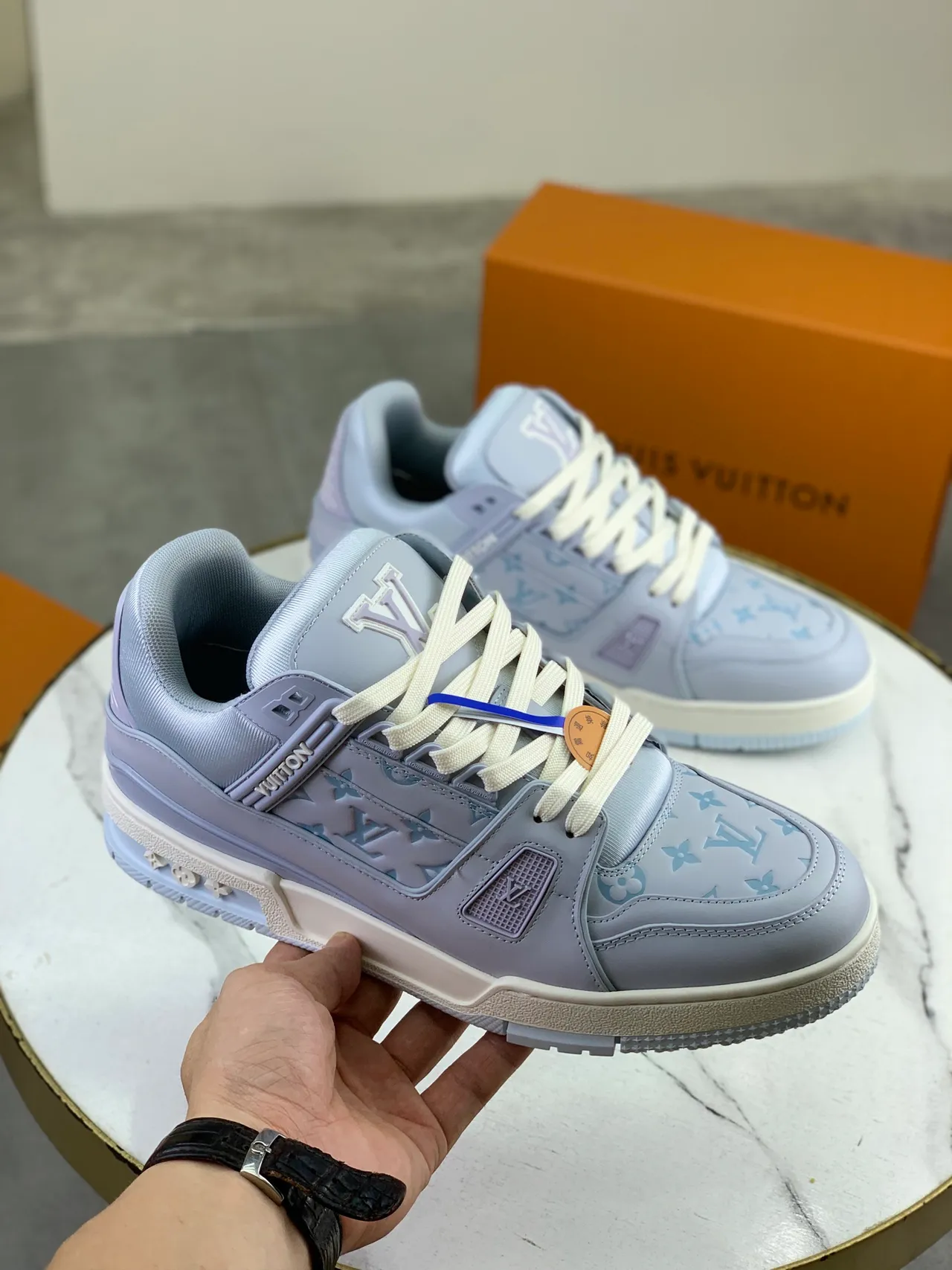 Louis Vuitton LV Trainer Purple White Monogram-Print Leather Upper Structured Side Cage Lifestyle Sneakers
