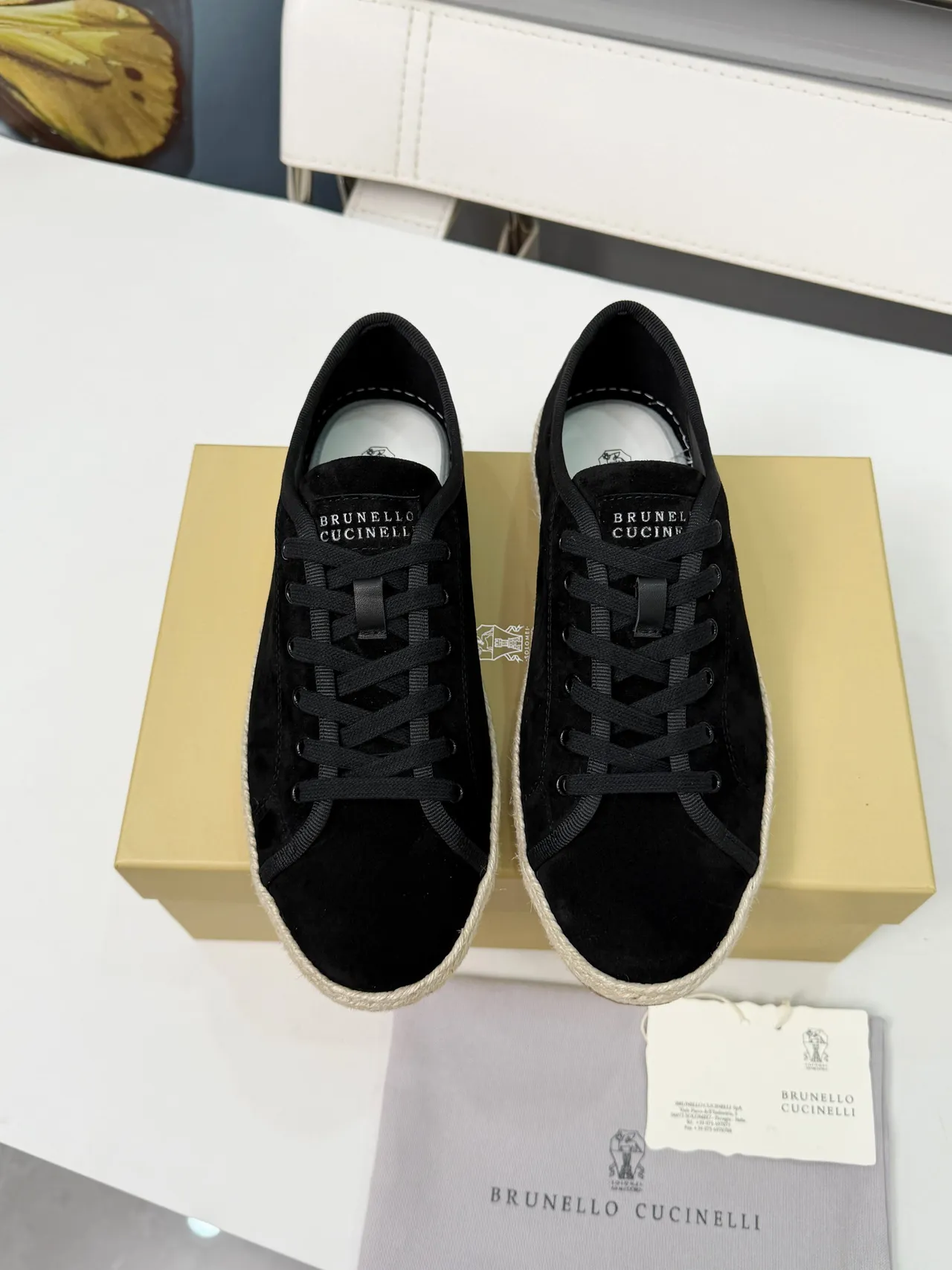 Brunello Cucinelli Black Beige Suede Upper Jute-Wrapped Espadrille Sole Boat Shoes