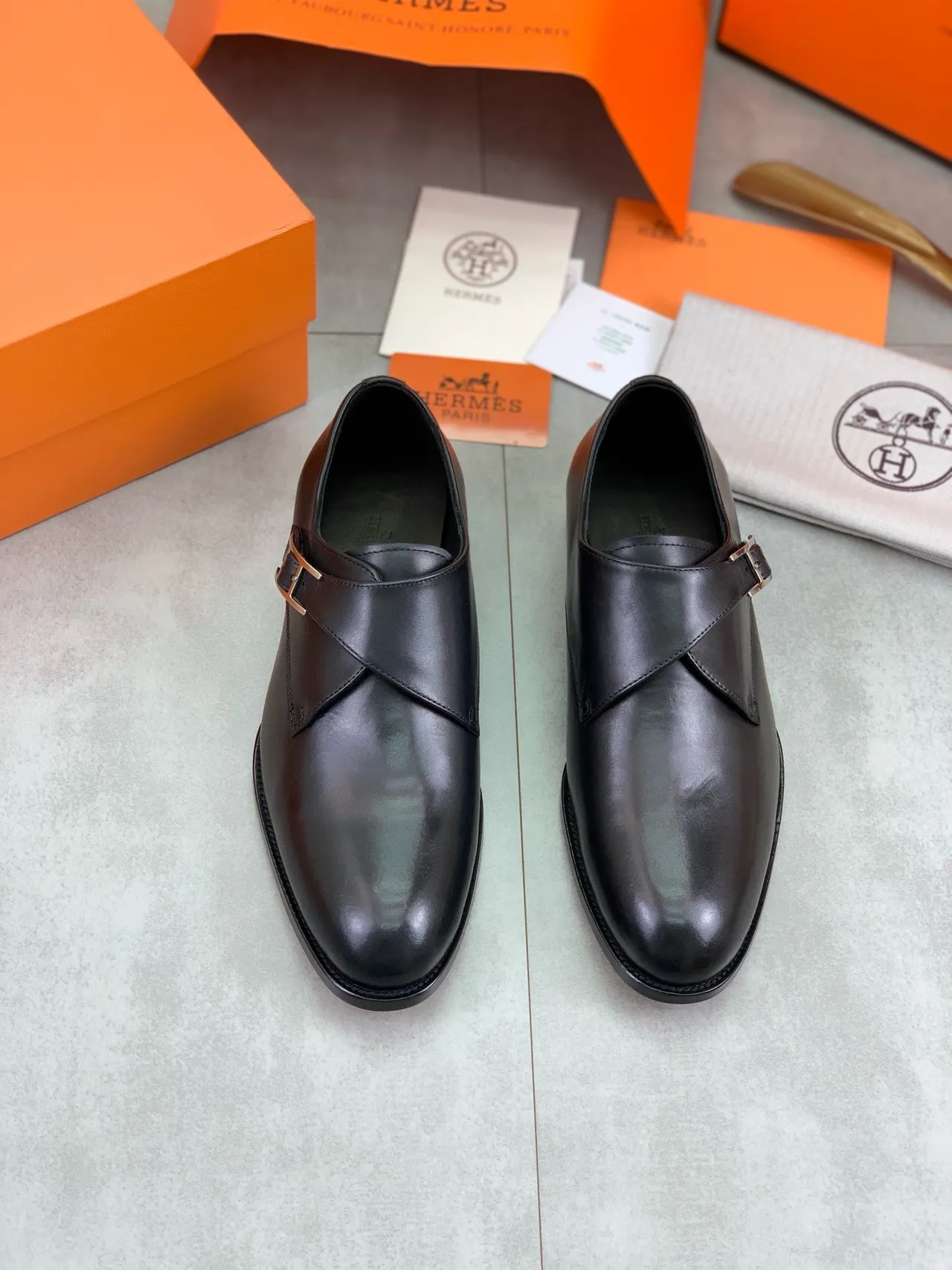 Hermès H Monk Black Polished Leather Monk Shoes