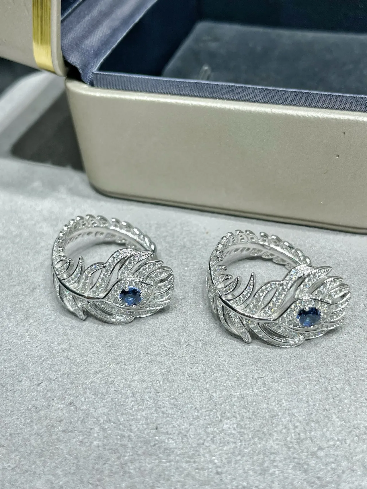 Silver Blue Feather Motif Pavé-Set Earrings