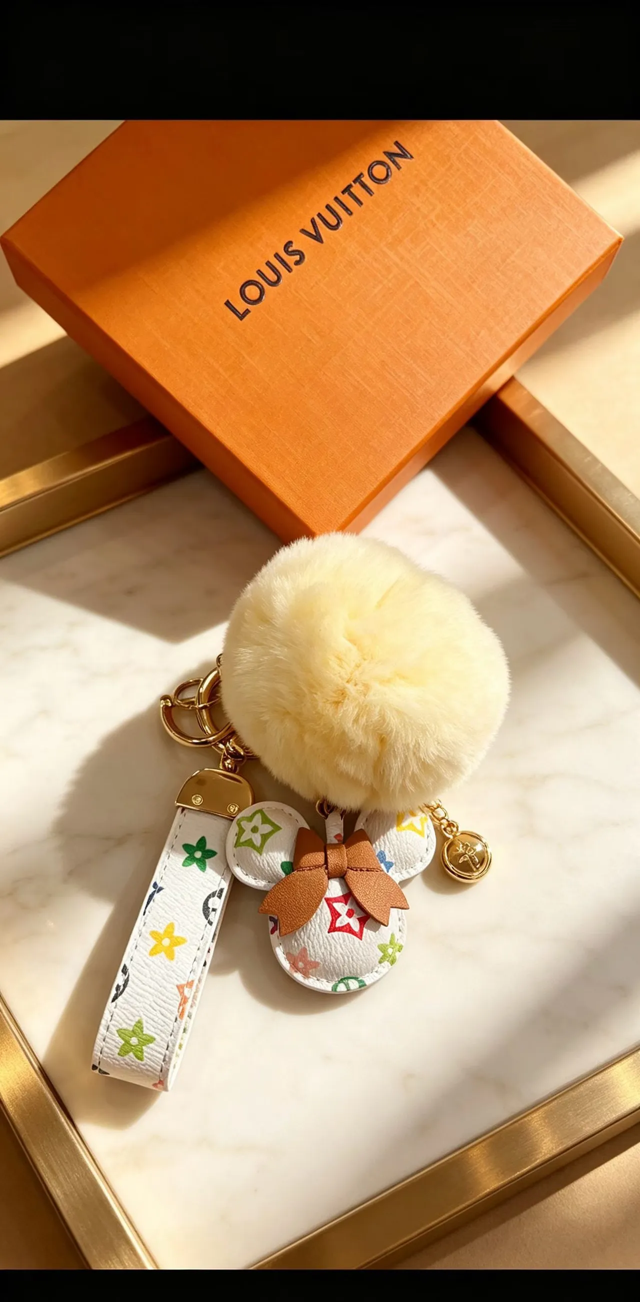 Louis Vuitton Multicolor Beige Monogram Leather Cream Faux-Fur Pom-Pom Phone Accessory
