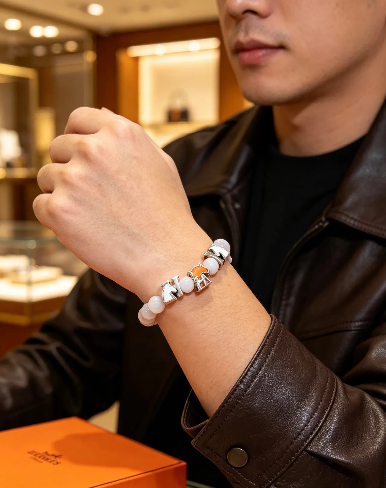 Hermès White Orange Beaded Enamel-Charm Bracelet