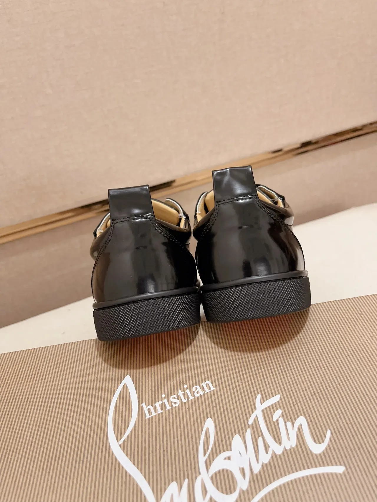 Christian Louboutin Black Orange Glossy Patent Leather Cap-Toe Construction Sneakers