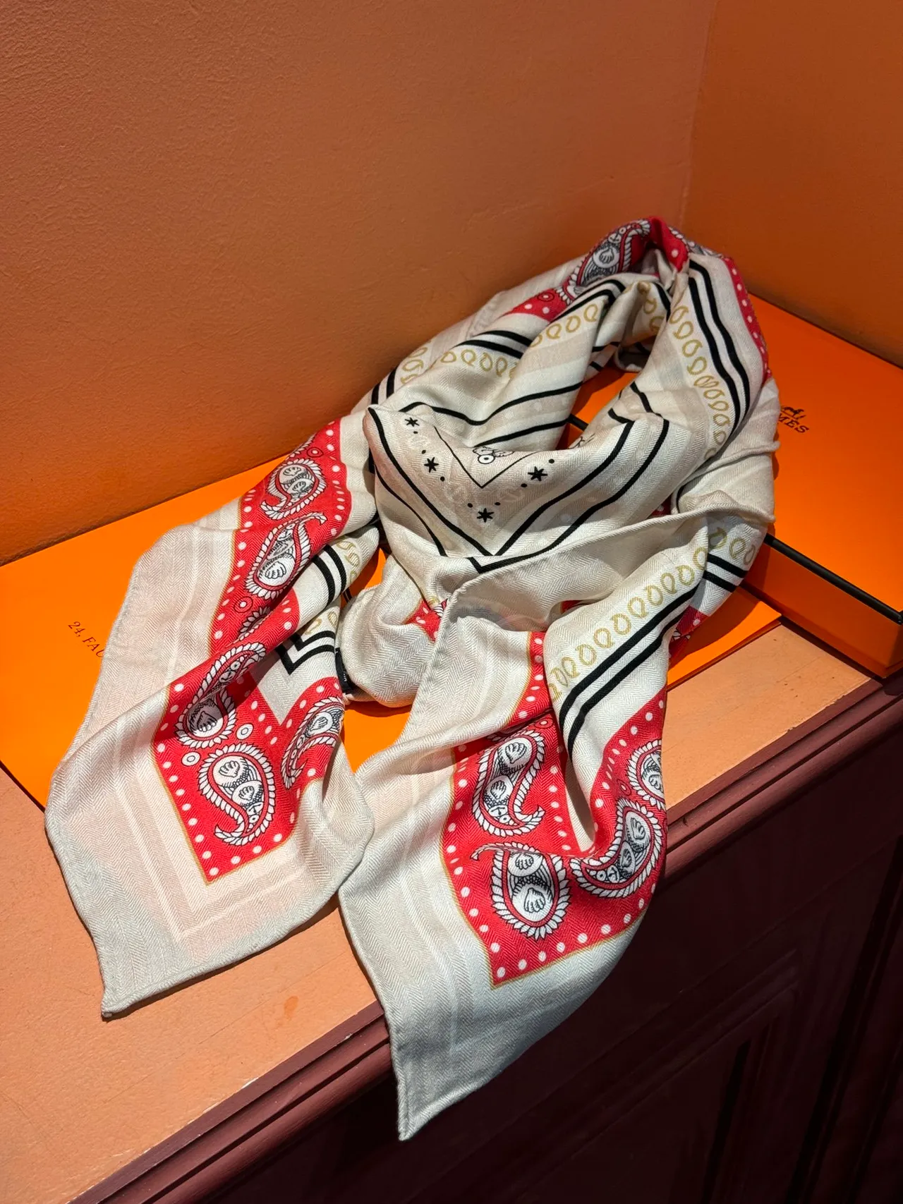 Hermès Beige Red Square Illustrated Maritime Map Silk Scarf