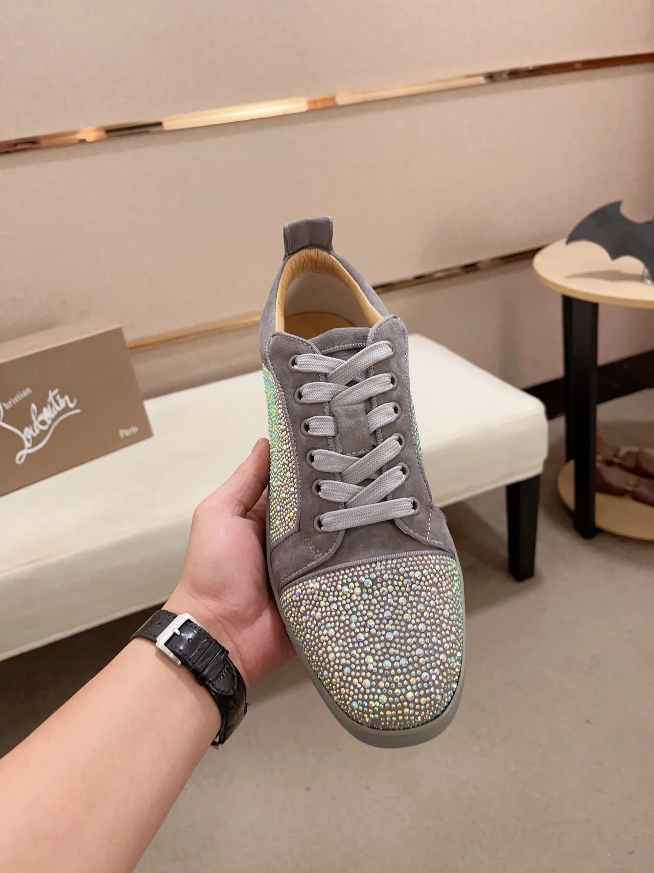 Christian Louboutin Gray Suede Crystal-Embellished Low-Top Sneaker