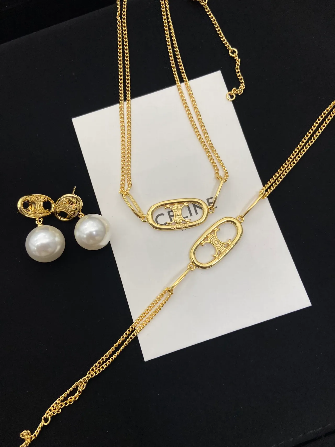 Celine Triomphe Gold White Chain Oval Logo Pendant Necklace