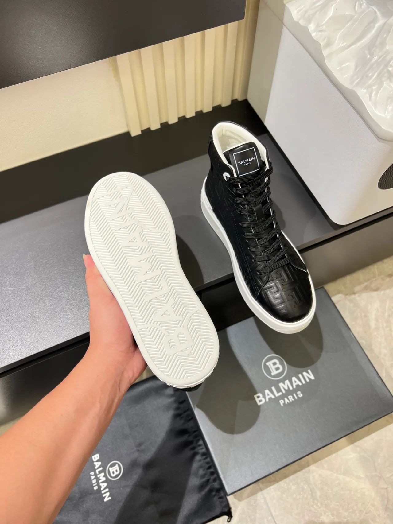 Balmain Black White High-Top Embossed Logo Lifestyle Sneakers
