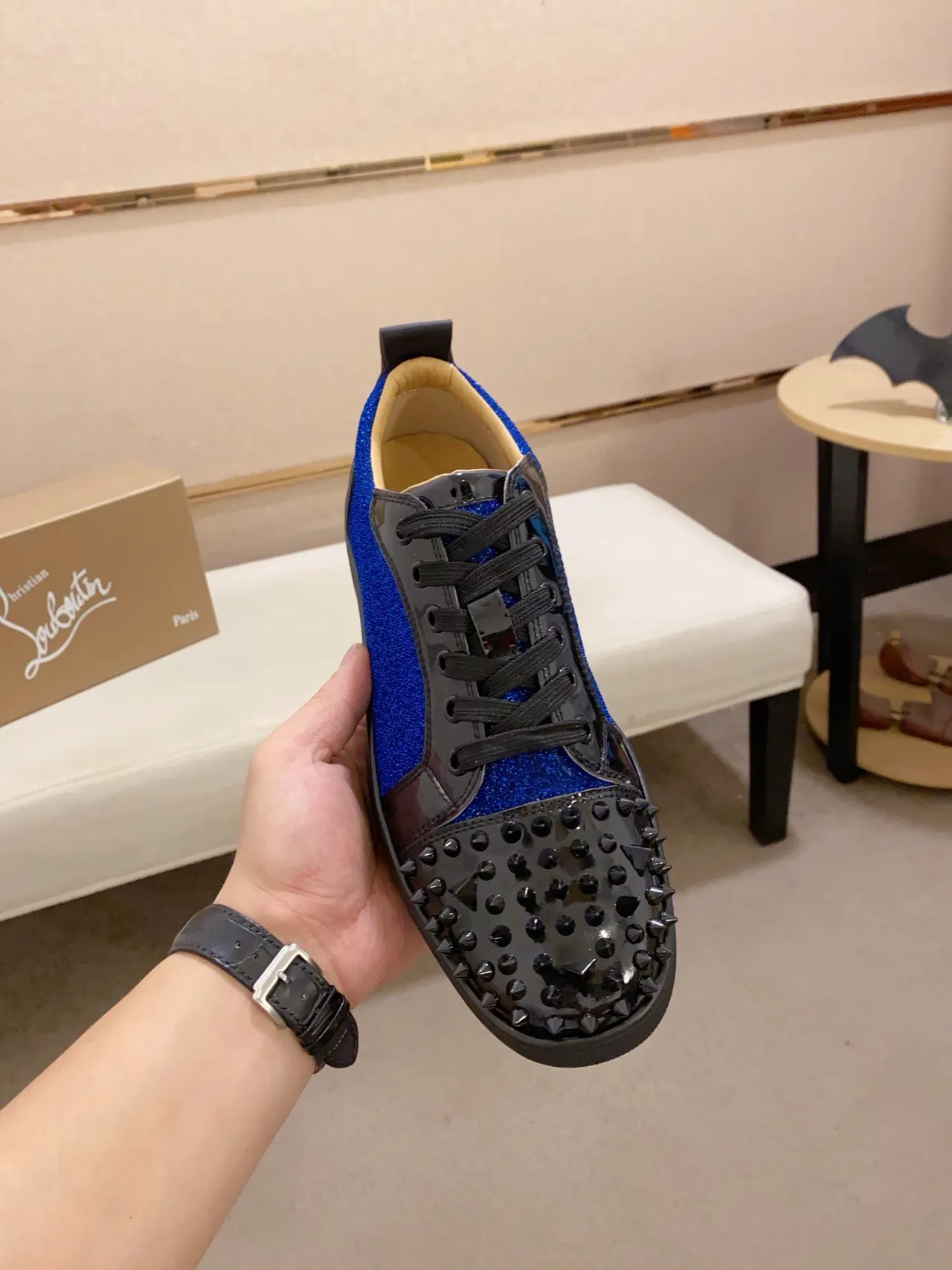 Christian Louboutin Spike Blue Glitter and Black Patent Lifestyle Sneakers