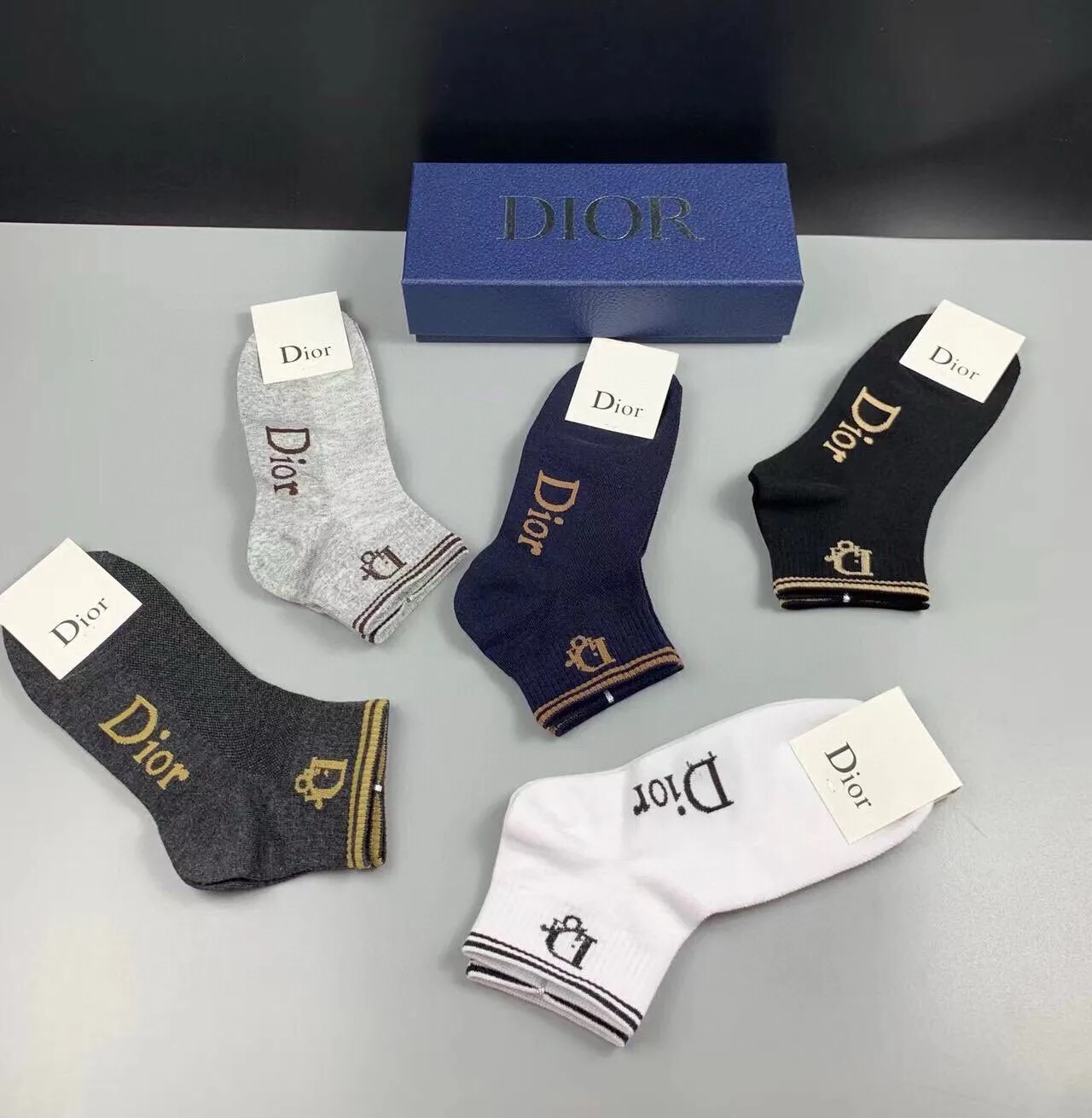 Dior Gray Navy Logo-Embroidered Ribbed Cuff Socks