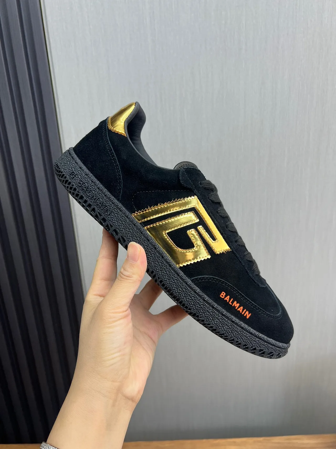 Balmain Black Gold Suede Upper Monogram Logo Lifestyle Sneakers