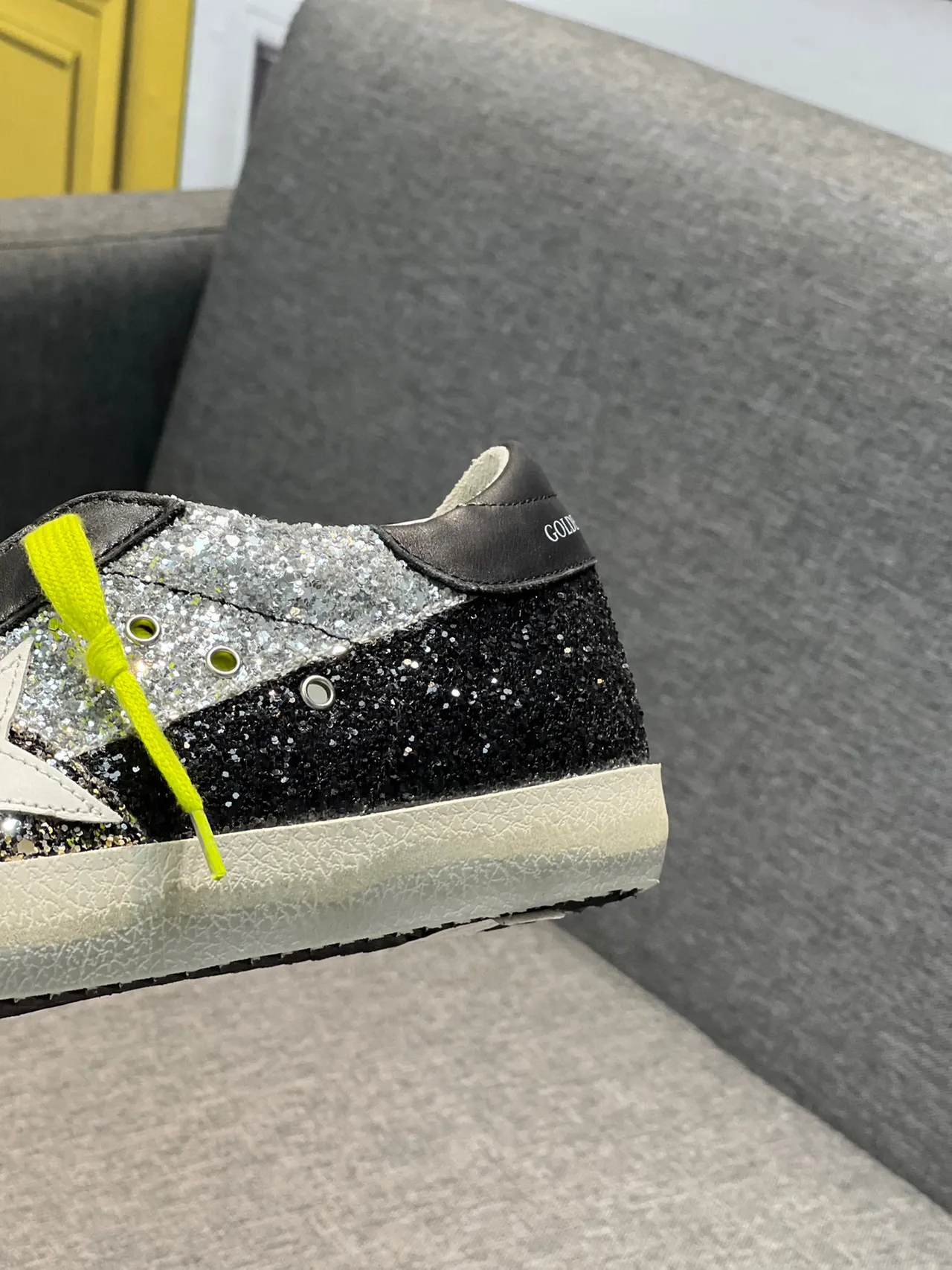 Golden Goose Superstar Black Silver Glitter Neon Yellow Lace-Up Lifestyle Sneakers