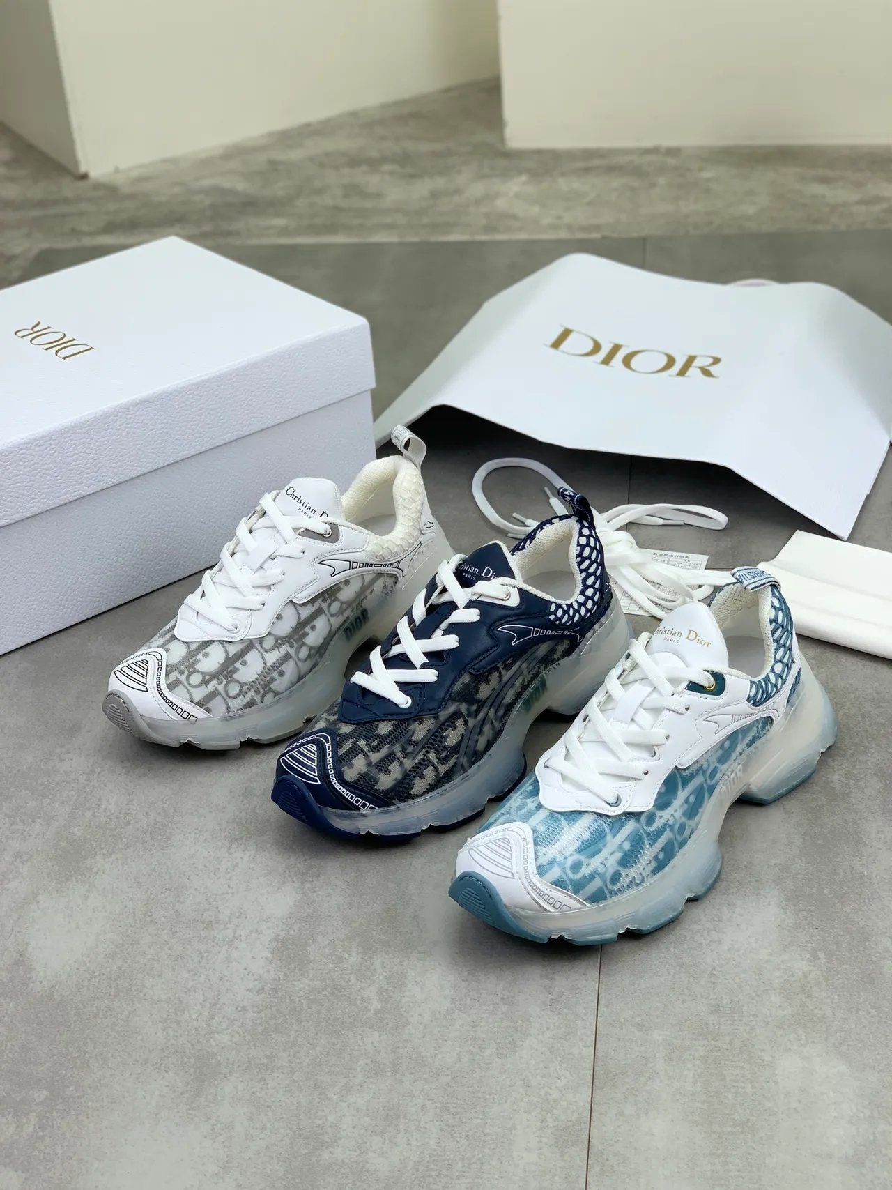 Dior Navy White Transparent Sole Monogrammed Mesh Upper Chunky Sneakers