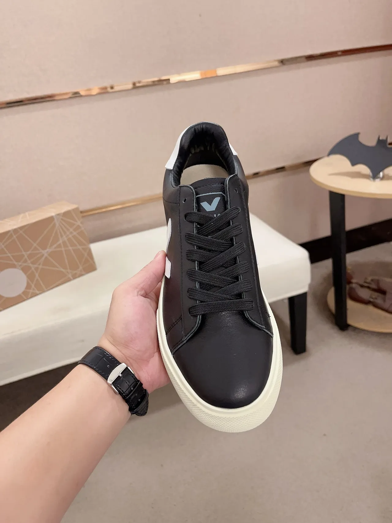 VEJA Black White Leather Upper V Logo Lifestyle Sneakers