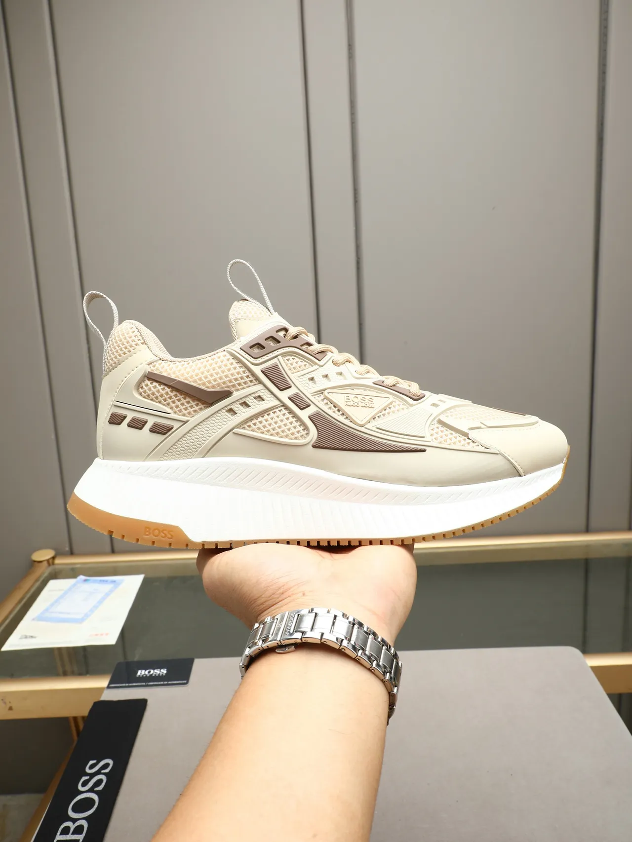 Hugo Boss Beige and Brown Mesh Overlay Lifestyle Sneaker